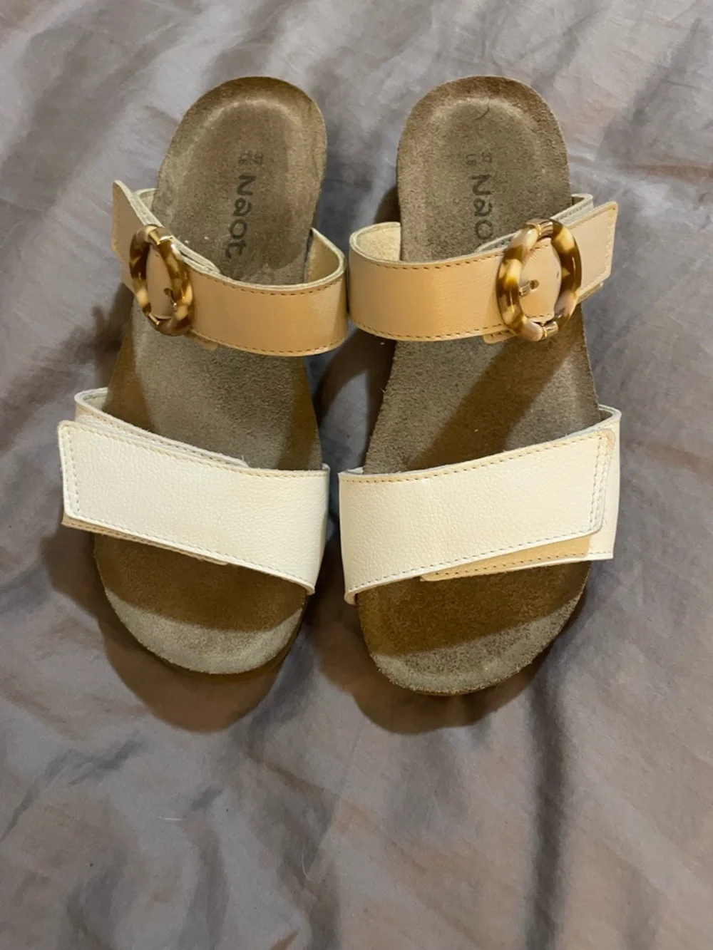 Naot White Slide Sandals with Gold-Tone Decorative Ring